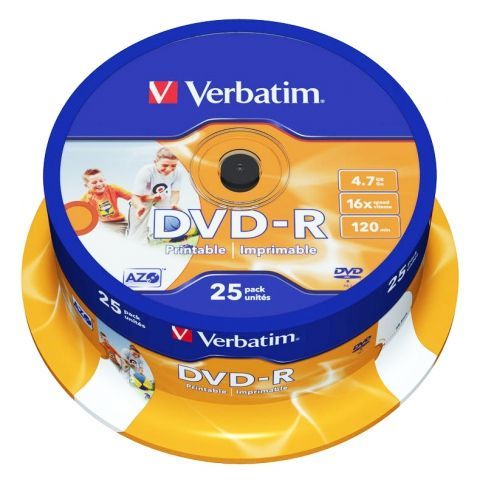  DVD-R Verbatim 4,7 Gb 16x Wide Inkjet Printable ID, Cake Box, 25  (43538)