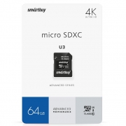   Micro SDXC 64Gb Smartbuy Class 10 UHS-I U3 V30, 90/55 / +  SD (SB64GBSDU1A-AD