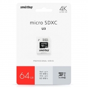 Карта памяти Micro SDXC 64Gb Smartbuy Class 10 UHS-I U3, 95/60 Мб/с + адаптер SD (SB64GBSDCL10U3L-01
