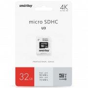 Карта памяти Micro SDHC 32Gb Smartbuy Class 10 U3, 90/70 Мб/с + адаптер SD (SB32GBSDCL10U3-01)