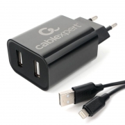 Зарядное устройство Cablexpert MP3A-PC-36 110/220V->5V, 2.4A 2xUSB + кабель Lightning, черное