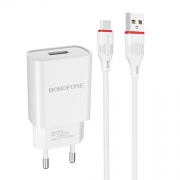 Зарядное устройство Borofone BA20A, 2.1А USB + кабель Micro USB, белое