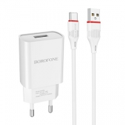 Зарядное устройство Borofone BA20A, 2.1А USB + кабель Type C, белое