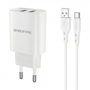 Зарядное устройство Borofone BN2, 2.1А 2xUSB + кабель Type C, белое