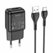 Зарядное устройство Hoco C96A, 2.1А USB + кабель Type C, черное
