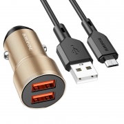 Зарядное автомобильное устройство Borofone BZ19, 2.4A 2xUSB + кабель Micro USB, металл, золотистое