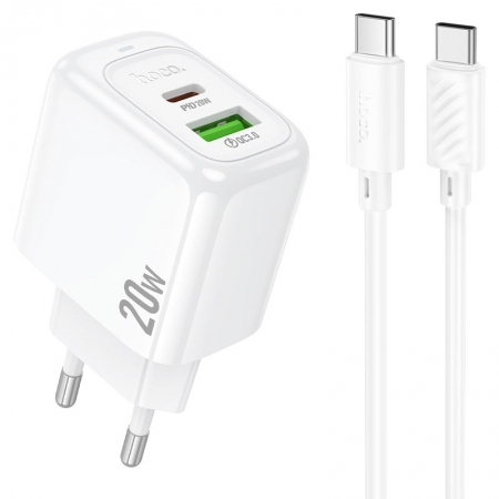 Зарядное устройство Hoco CS54A, QC3.0/PD 20W USB A+C + кабель Type C, белое